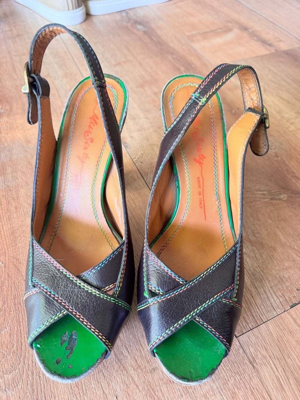 Y2K grail VTG Miss Sixty Leather Peep Toe Slingback Platform Sandals Size 40